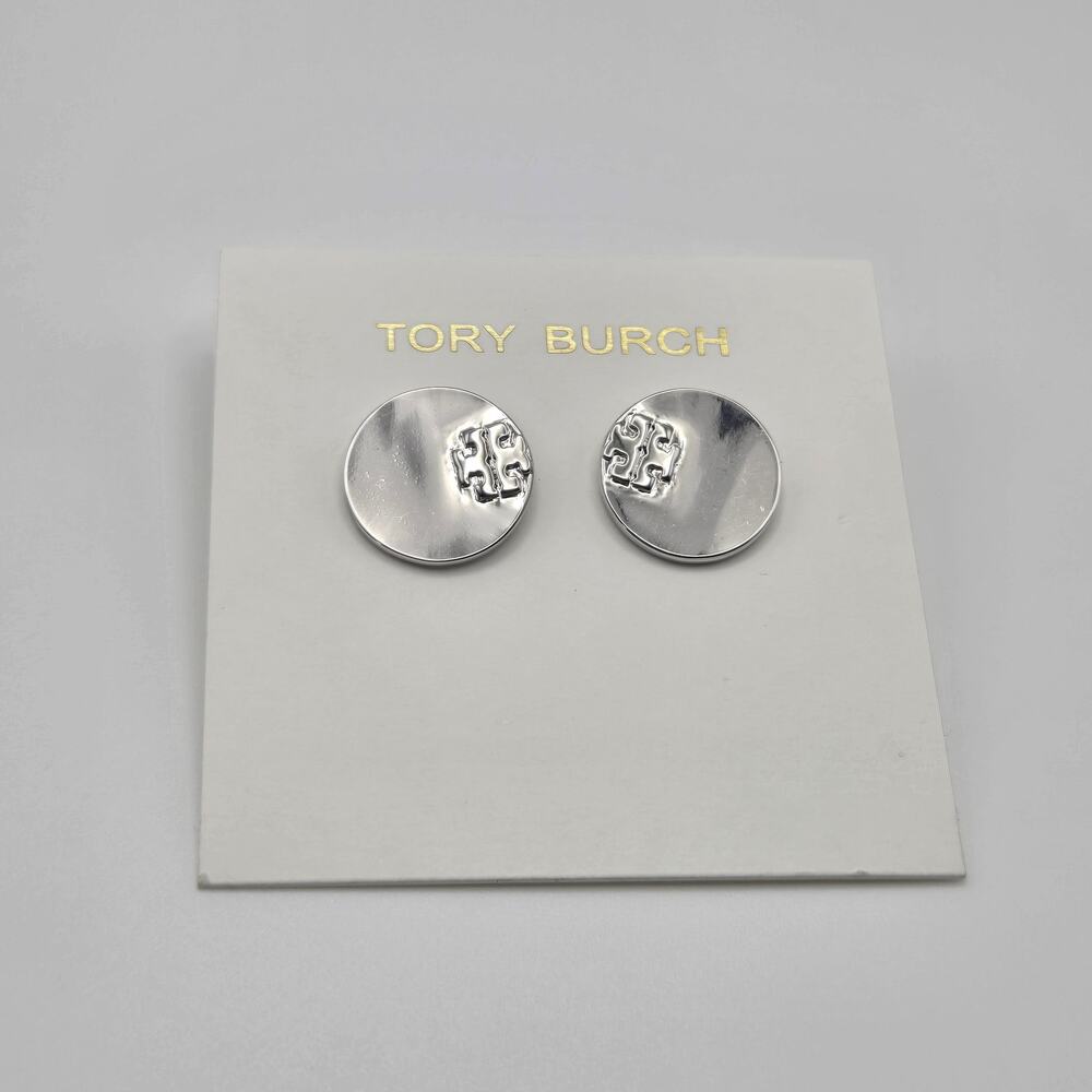 NEW Tory Burch Serif Stripe Disc Stud Earrings Silver Double T Logo - Picture 3 of 5